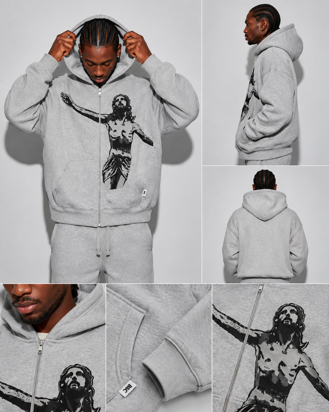 Grey Jesus Graphic Zip Hoodie – Premium Streetwear