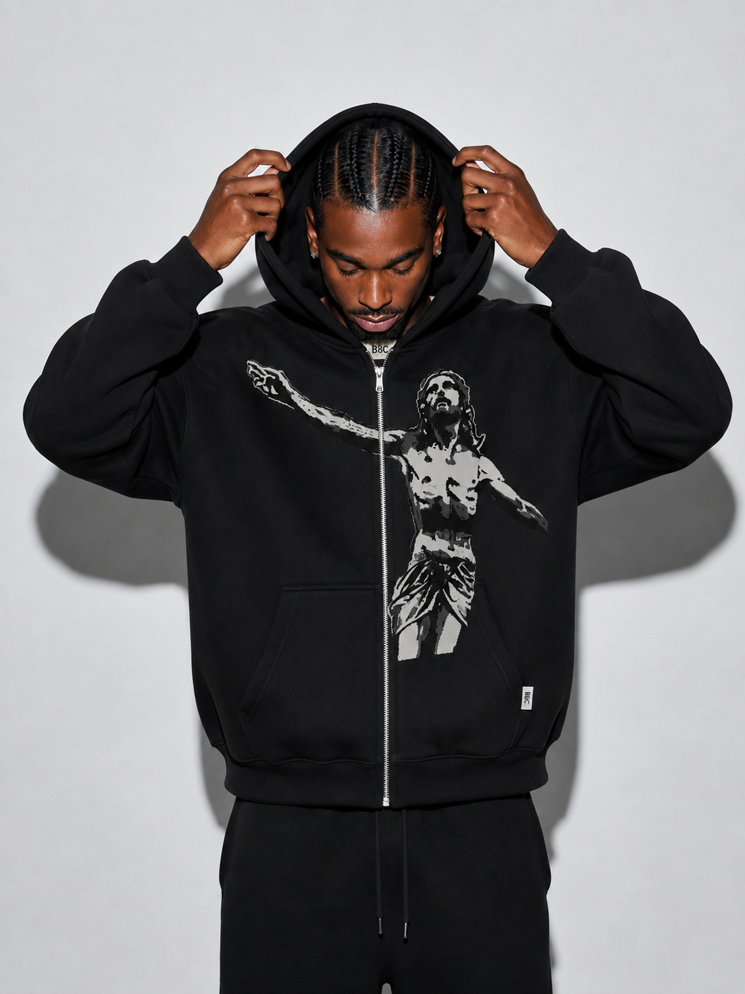 Men’s Black Jesus Graphic Zip-Up Hoodie – Streetwear