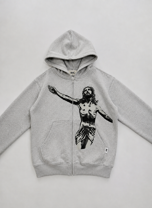 Grey Jesus Graphic Zip Hoodie – Premium Streetwear