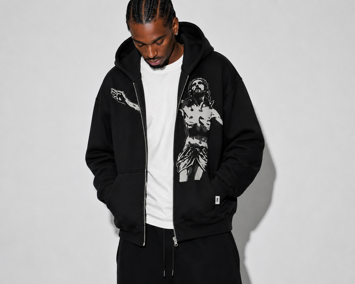 Men’s Black Jesus Graphic Zip-Up Hoodie – Streetwear