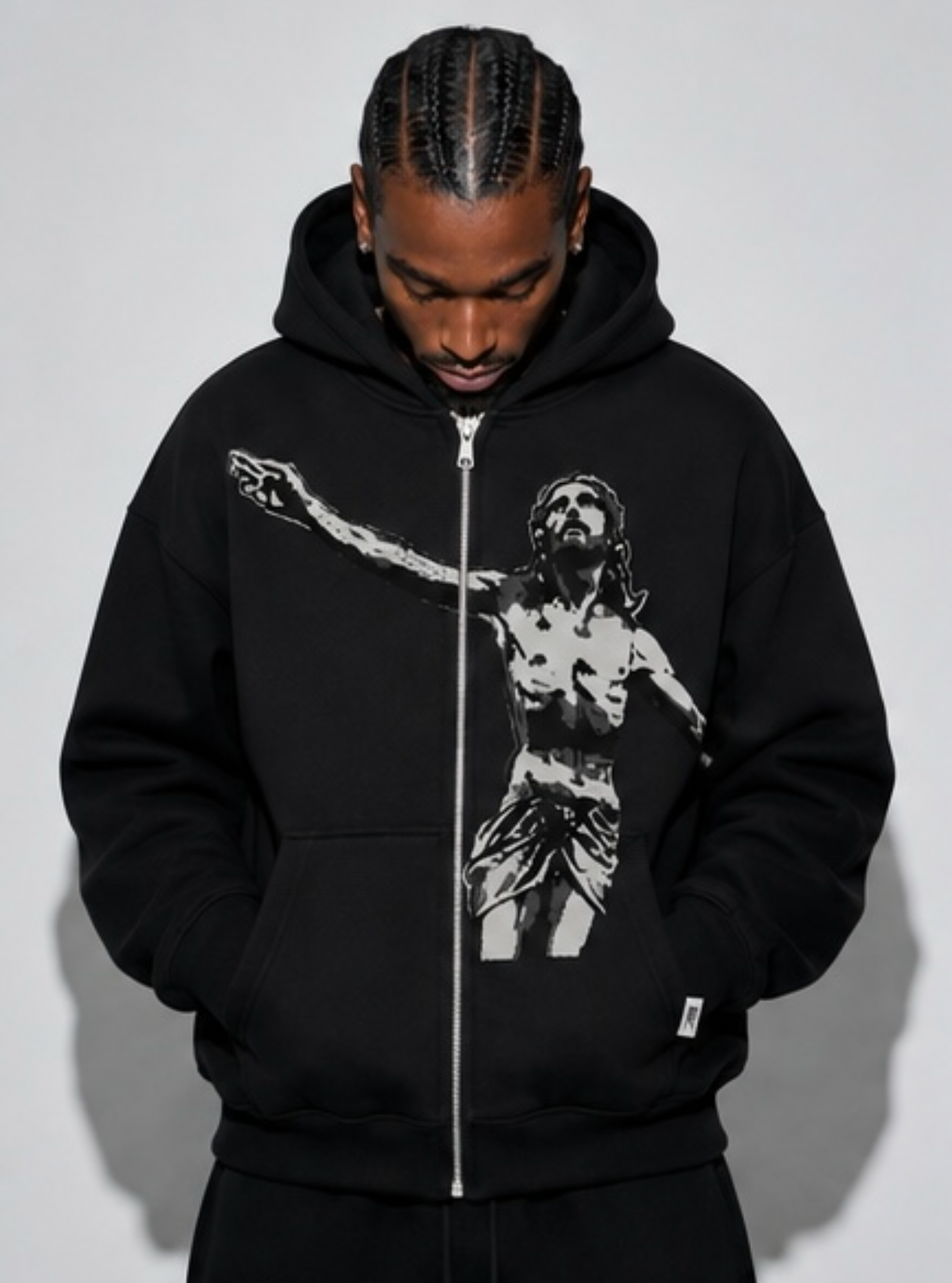 Men’s Black Jesus Graphic Zip-Up Hoodie – Streetwear