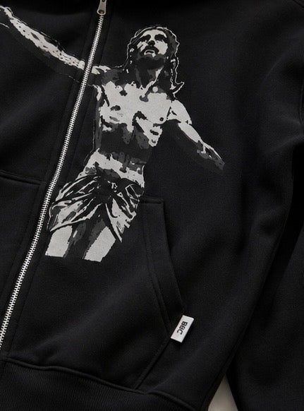 Men’s Black Jesus Graphic Zip-Up Hoodie – Streetwear