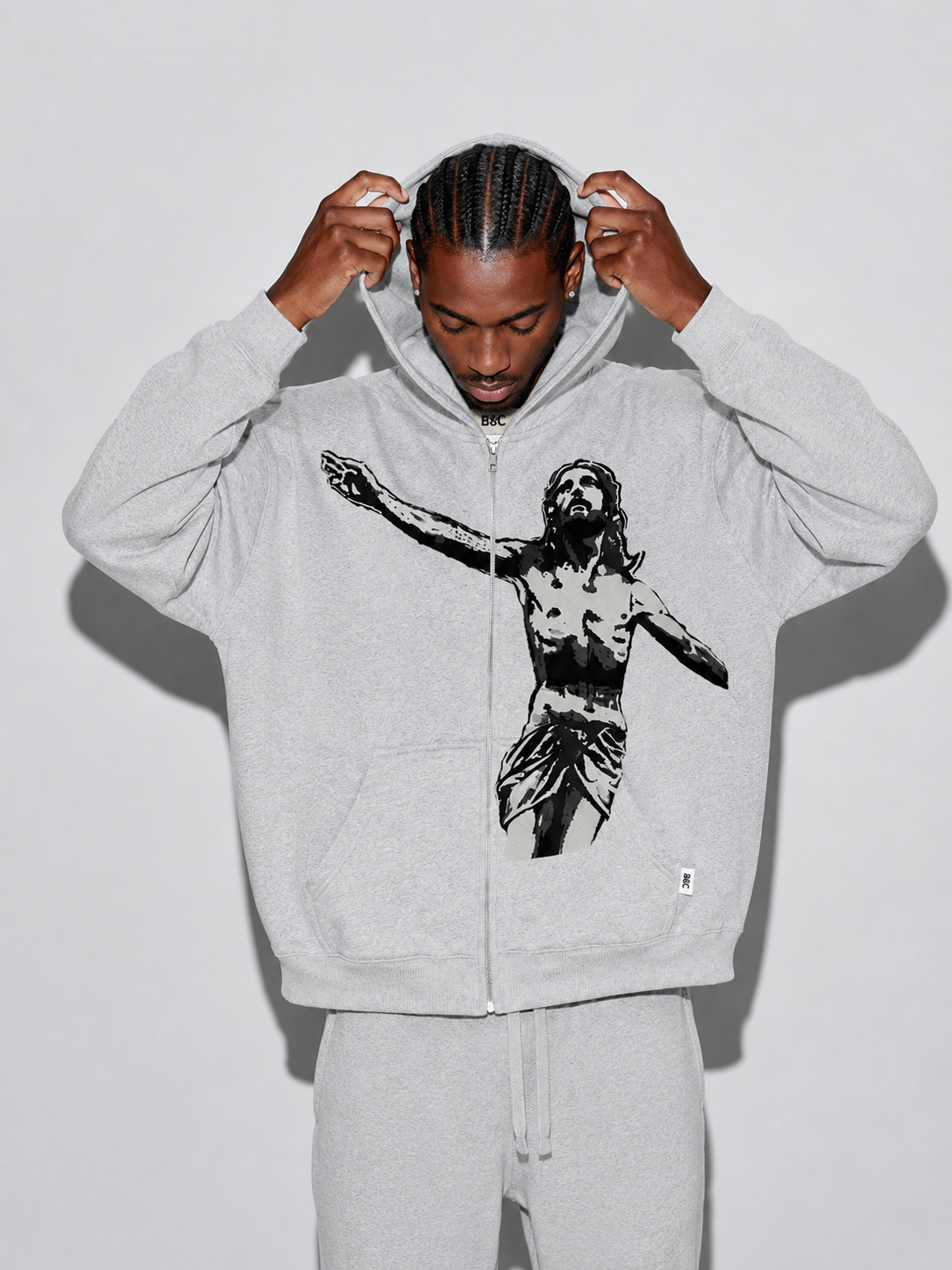 Grey Jesus Graphic Zip Hoodie – Premium Streetwear