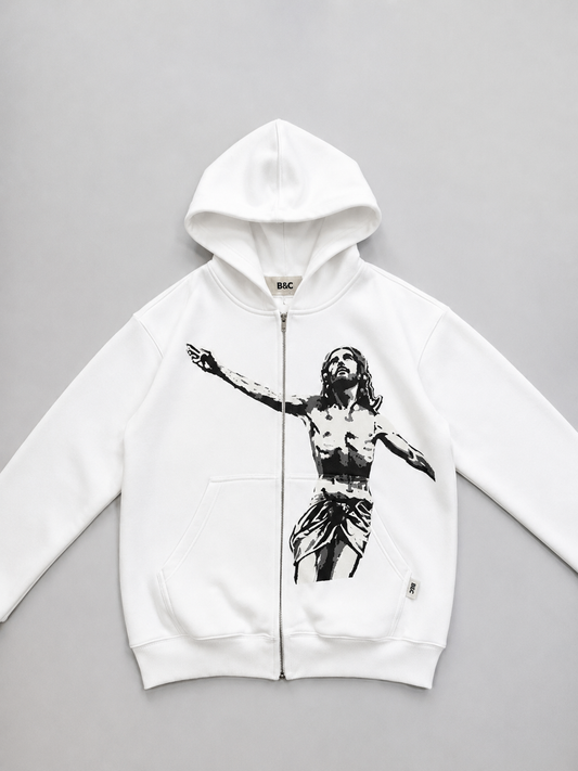 White Jesus Graphic Zip Hoodie – Premium Streetwear