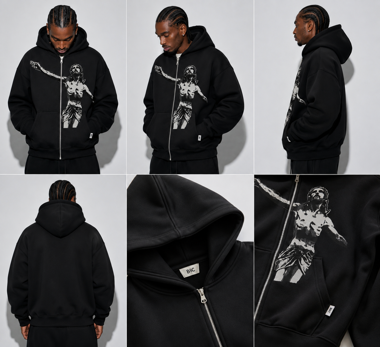 Men’s Black Jesus Graphic Zip-Up Hoodie – Streetwear
